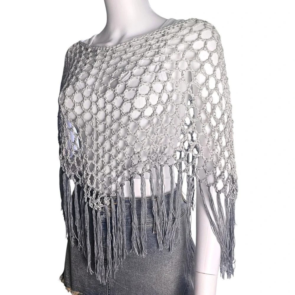 Handmade Crochet Shawl Women Gray Ombre Fringe Cotton Boho Poncho - Picture 2 of 10